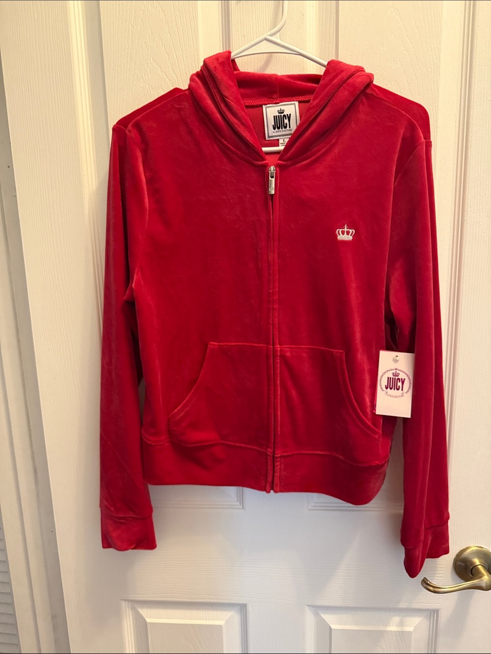 Juicy Couture Red Velour Hoodie with Crown Emblem